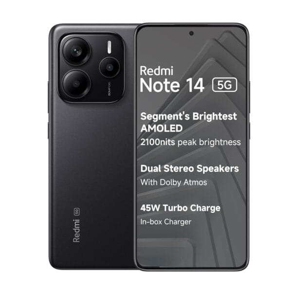 Redmi Note 14 5G (Titan Black, 6GB RAM 128GB Storage) | Global Debut MTK Dimensity 7025 Ultra | 2100 nits Segment Brightest 120Hz AMOLED | 50MP Sony LYT 600 OIS+EIS Triple Camera