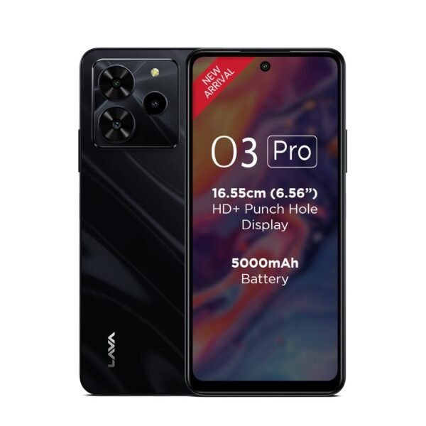 Lava O3 Pro (Glossy Black, 4 GB RAM, 128 GB Storage)| Bigger 6.56" HD+ Display | 50 MP AI Triple Rear Camera | 8 MP Front Camera| 5000 mAh Battery | 10W Charging | Charger in Box