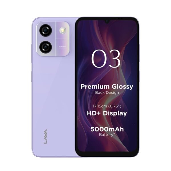 Lava O3 (Glossy Lavender, 4 GB RAM, 64 GB Storage) | Biggest 6.75" HD+ Display | 13MP AI Dual Rear Camera | 5000 mAh Battery | Secure Face Unlock | Fingerprint Reader | Charger & Phone-Cover in Box