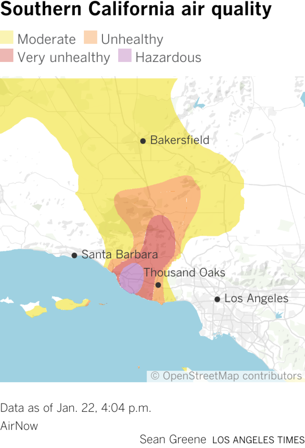 Map of air quality in the Southern California area