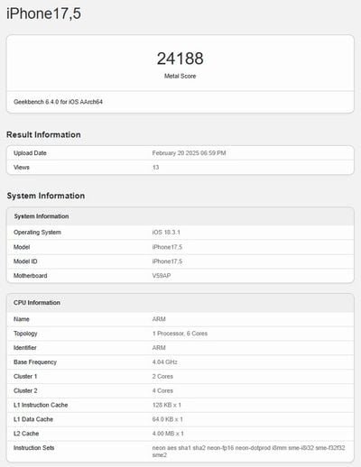 iPhone 16e Geekbench gpu benchmark